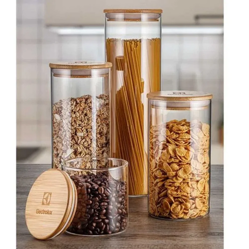Kit Potes Herméticos com Tampa de Bambu – Organização e Conservação de Alimentos
