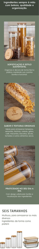 Kit Potes Herméticos com Tampa de Bambu – Organização e Conservação de Alimentos