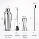 Kit Coqueteleira Inox 500ml Caipirinha Barman 4 Peças Profissional Socador Colher Dosador